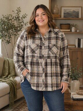 Jodifl 1XL Plaid Flannel Babydoll Button Front Shacket Top Beige Cottagecore